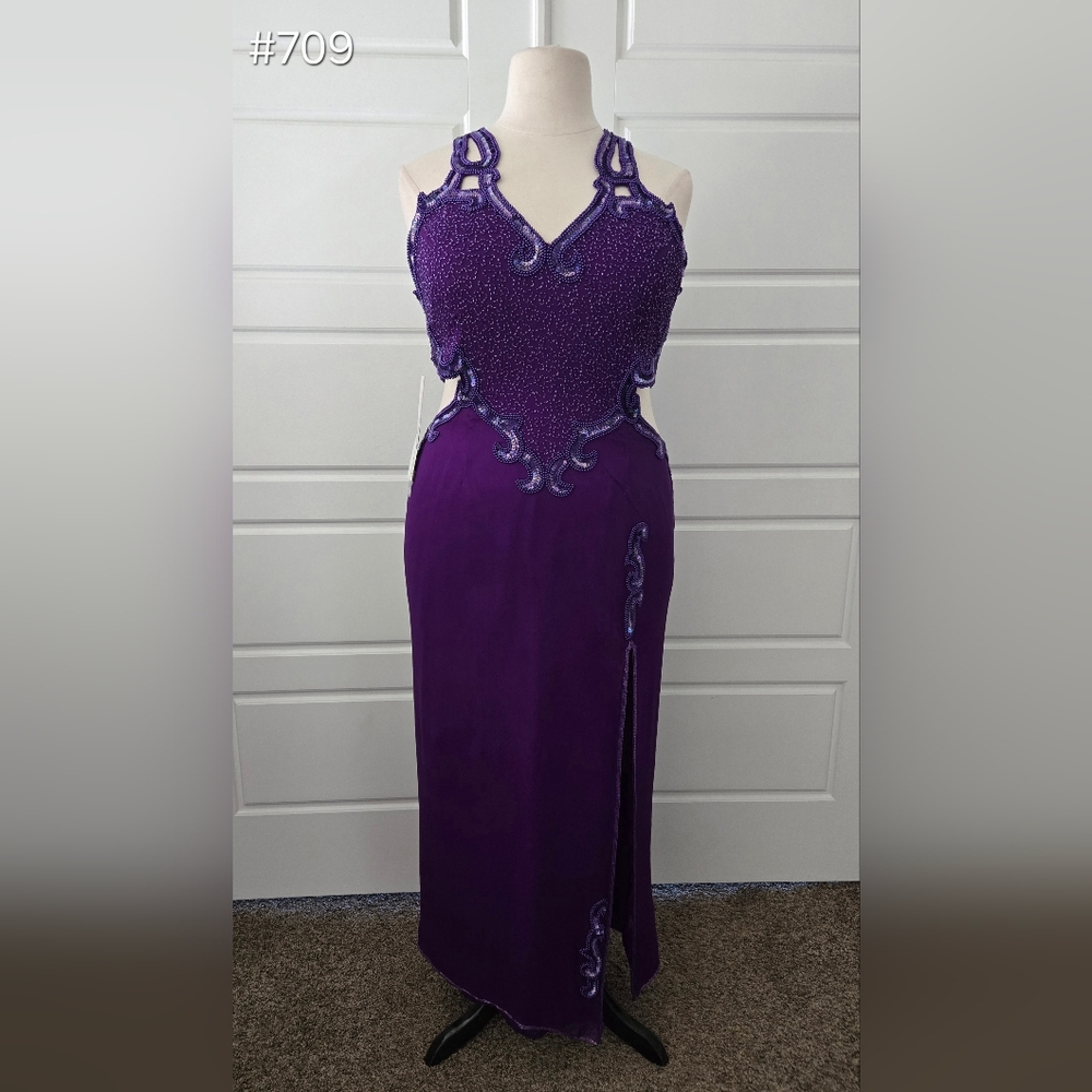 Purple Beaded Column Prom Dress with Cut-outs